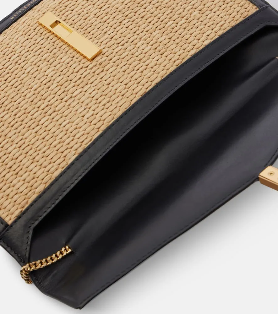 DeMellier Tokyo leather-trimmed raffia clutch