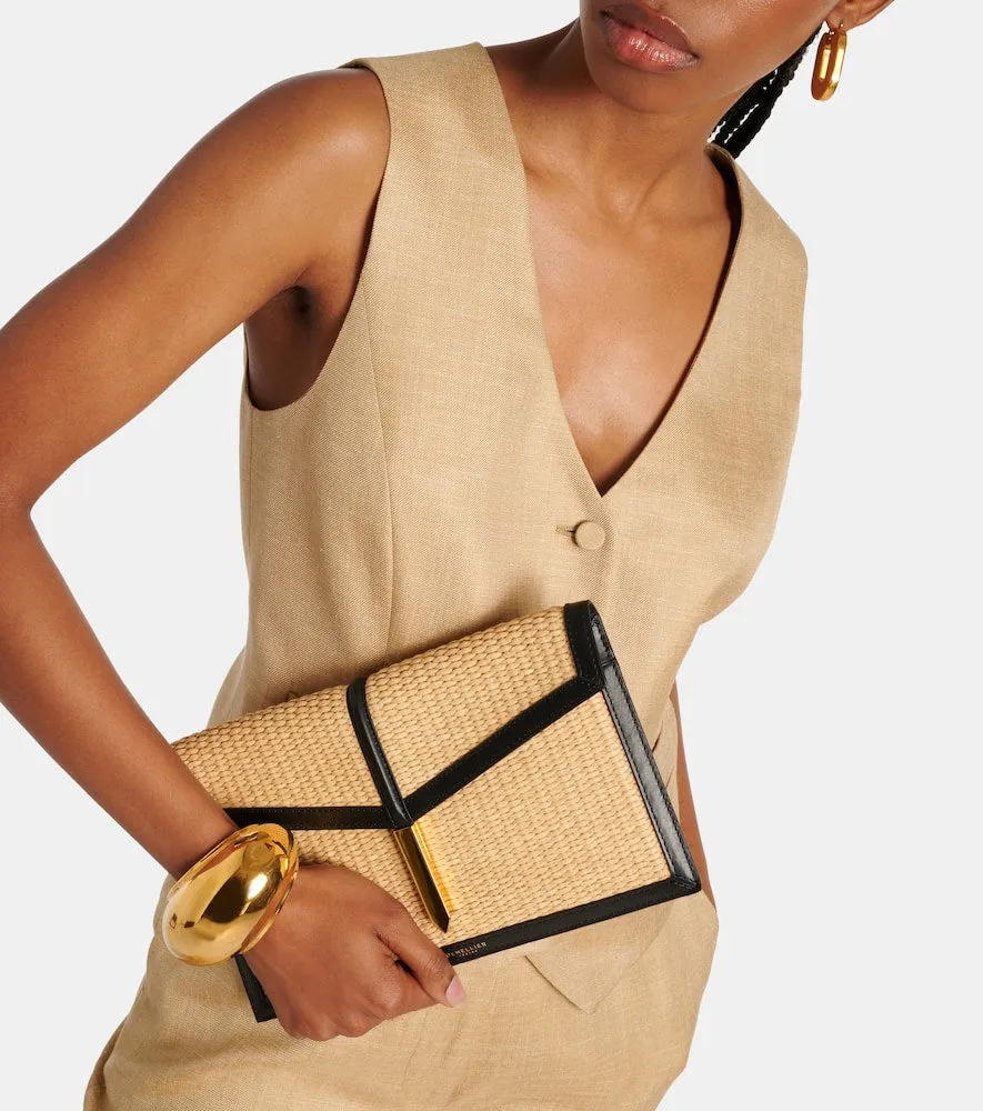 DeMellier Tokyo leather-trimmed raffia clutch