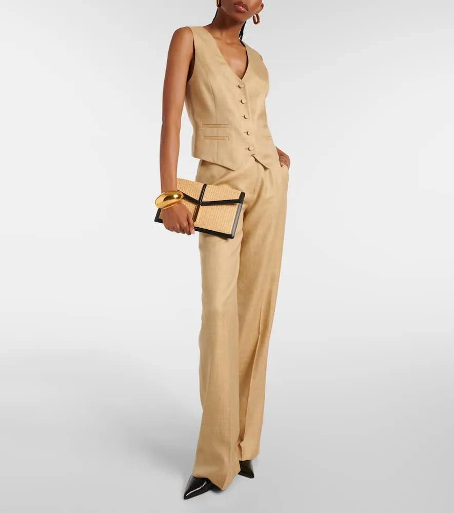 DeMellier Tokyo leather-trimmed raffia clutch
